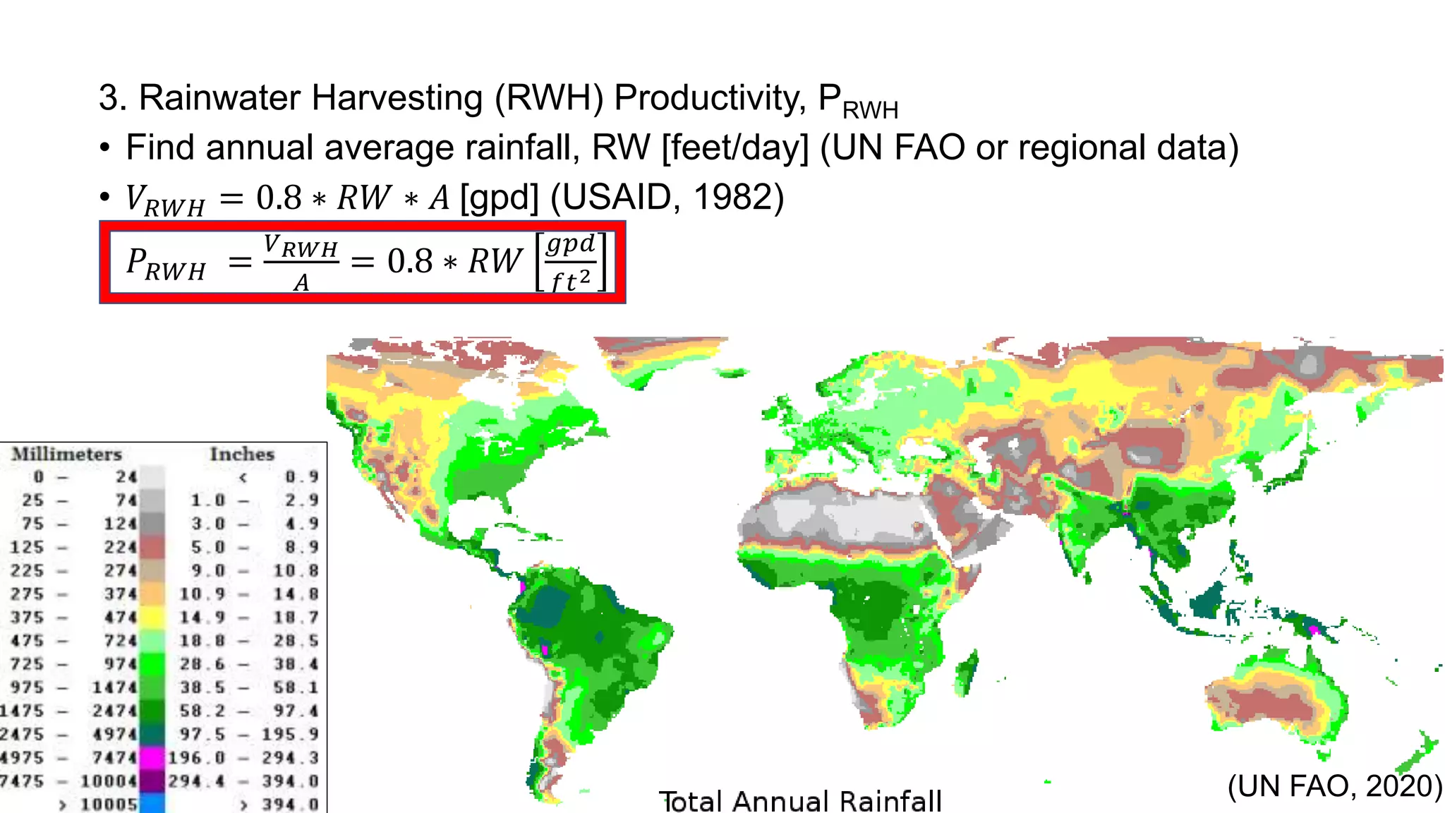 (UN FAO, 2020)
3. Rainwater Harvesting (RWH) Productivity, PRWH
• Find annual average rainfall, RW [feet/day] (UN FAO or regional data)
• 𝑉𝑅𝑊𝐻 = 0.8 ∗ 𝑅𝑊 ∗ 𝐴 [gpd] (USAID, 1982)
• 𝑃𝑅𝑊𝐻 =
𝑉 𝑅𝑊𝐻
𝐴
= 0.8 ∗ 𝑅𝑊
𝑔𝑝𝑑
𝑓𝑡2
 