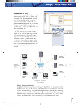 Instant Email and Text Alerts
Never have to worry that you will be out of touch with your
control system. MicroSmart Pentra PLCs have the ability
to send email or text messages to your inbox and mobile
phone. You can instantly be notiﬁed if any abnormal
conditions occur. Or simply have the PLC conﬁgure and
send daily operational status updates. Not only can static
information with up to 1,500 characters (1 byte per
character) be sent in one message, but data register values
can be incorporated as well.
A new EMAIL instruction is now available in WindLDR
software. You can program as many EMAIL instructions
as you prefer as long as you don’t exceed the program-
be conﬁgured in each PLC. Each email message can be
sent to multiple recipients. That means you can have as
many people receive the email as required! MicroSmart
Pentra PLCs also support email login authentication, which
requires each sender to be veriﬁed by a username and
password.
Setting the Standards for Connectivity
Internet
Touchscreen
(Client)
WindLDR
(Client)
Any Network
Device (Server)
Any Network
Device (Server)
Any Network
Device (Server)
Any Network
Device (Client)
Any Network
Device (Client)
WindSRV
(Client)
Up to 8
Connections
Maintenance
Communication
Server
Connections
Server Connections
Modbus TCP
Client Connections
Up to 14 Simultaneous Connections
with your MicroSmart Pentra PLC. Using Server Connections, an additional 8 connections can be established
and each connection can be deﬁned as Maintenance, User Communication or Modbus TCP server protocol. On
requests. Each request can be for different slave devices with different IP addresses on the network.
9
plc_int_031513forSingapore.indd 9 3/15/13 9:40 AM
 