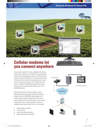 If your system is located in a remote, unpopulated area where a
simple internet connection isn’t available, monitoring equipment
spread across a large geographic region can be difﬁcult. Usually
someone must drive to each location to manually monitor critical
information, which is both time consuming and costly. So what
do you do if an internet connection isn’t available where your
system is installed? A GSM/CDMA wireless modem lets you
access your system remotely through mobile carriers in the
GSM/CDMA network.
MicroSmart Pentra PLCs have been installed in various
applications where they provide seamless communications
through a third party GSM/CDMA cellular modem and its
network. Data can then be streamed from the PLC to your
servers or central ofﬁce. Critical information can be remotely
unpopulated areas where internet service is not accessible.
Cellular modems let
you connect anywhere
Internet
Setting the Standards for Connectivity
Cellular Modem
IDEC Operator Interface
Server
11
plc_int_031513forSingapore.indd 11 3/15/13 9:41 AM
 