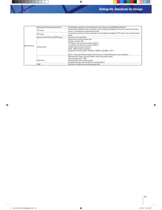 29
Setting the Standards for Design
Main Features
Maintenance Communication Server Downloading, uploading, and monitoring the user program using WindLDR via Ethernet
TCP server
8 connections maximum. Each connection can be configured as Modbus TCP server, user communication
server, or maintenance communication server.
TCP Client
3 connections maximum. Each connection can be configured as Modbus TCP client or user communication
client.
Aquire Current Time from SNTP Server Timezone can be specified.
Sending email
Send emails containg register data.
Number of emails: 255
To address: 512 characters maximum (Note 1)
cc address: 512 characters maximum (Note 1)
Subject :256 characters maximum
Body: 1,500 characters maximum
Supported encoding: ASCII, ISO-2022-JP, GB2312, ISO-8859-1, UTF-8
Note 1: If the email address length is 40 characters, 12 email addresses can be configured.
Web Server
Monitoring PLC status and data register values using web browser.
User web page area: 1 MB
Authentication: Basic Authentication
Compliant browser: Internet Explorer 7 and 8, Firefox 3
PING Number of remote hosts can be registered: 255
plc_int_031513forSingapore.indd 29 3/15/13 9:41 AM
 