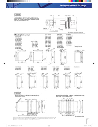 47
Setting the Standards for Design
95.0
DIN Rail
End Clip (BNL6)
23.5 23.5 9.09.0
90.0
45.0
35.0
Clamp
4.5
The following ﬁgure illustrates a system setup consisting of
the all-in-one 24-I/O type CPU module, an 8-point relay output
module, and a 16-point DC input module mounted on a 35-mm-
wide-DIN rail using BNL6 end clips.
Example
Example
*8.5 mm when the clamp is pulled out.
FC5A-C10R2
FC5A-C10R2C
FC5A-C10R2D
FC5A-C16R2
FC5A-C16R2C
FC5A-C16R2D
FC4A-C10R2
FC4A-C10R2C
FC4A-C16R2
FC4A-C16R2C
FC5A-F2MR2
FC5A-F2M2
FC5A-EXM2
FC4A-M24BR2
FC5A-C24R2
FC5A-C24R2C
FC5A-C24R2D
FC4A-C24R2
FC4A-C24R2C
FC5A-EXM1M
FC4A-N16B3
FC4A-T16K3
FC4A-T16S3
FC4A-HPC1
FC4A-HPC2
FC4A-HPC3
FC5A-EXM1S
FC4A-D20K3
FC4A-D20S3
FC4A-N32B3
FC4A-T32K3
FC4A-T32S3
FC4A-HPH1
FC4A-SX5ES1E
FC5A-D12K1E
FC5A-D12S1E
FC5A-D16RK1
FC5A-D16RS1
FC5A-D32K3
FC5A-D32S3
FC4A-D20RK1
FC4A-D20RS1
FC4A-D40K3
FC4A-D40S3
Mounting hole layout for FC5A-C24R2 or FC4A-C24R2 and four
23.5mm-wide I/O modules
Mounting hole layout from left, FC4A-HPH1, FC4A-D20K3, FC4A-N16B3,
FC4A-N32B3, and FC4A-M24R2 modules
90.0
83.0
68.0
80.0
2-ø4.3
90.0
83.0
83.0
95.0
2-ø4.3
103.0
90.0
35.4
24.1
3.0
2-ø4.3
90.0
103.0
47.5
24.1 2–ø4.3
3.0
23.5
6.3
3.0 90.0
103.0
2–ø4.3
90.0
103.0
17.6
6.3 2–ø4.3
3.0
29.7
6.3
3.0
90.0
103.0
2–ø4.3 39.1
6.3
3.0
90.0
103.0
2–ø4.3 22.5
4.8
3.0
90.0
103.0
2–ø4.3
23.5 23.5 23.512.3
15.3 23.5 23.5 23.583.0
3.0 3.0 3.0 3.0
103.0
83.0
10–ø4.3
113.0±0.2
41.8
3.0 3.0
3.0
3.0
3.0
41.8 17.6 17.6 29.7
103.0
17.6 17.6 29.7
113.0±0.2
Mounting Hole Layout
38.0
20.3
3.0
90.0
103.0
2–ø4.3
All dimensions in mm.
45.0
35.0
80.0
70.0
2–ø4.3
FC4A-AS62M
FC4A-J2A1
FC4A-J4CN1
FC4A-J8AT1
FC4A-J8C1
FC4A-K1A1
FC4A-K2C1
FC4A-L03A1
FC4A-L03AP1
FC4A-M08BR1
FC4A-N08A11
FC4A-N08B1
FC4A-N16B1
FC4A-R081
FC4A-R161
FC4A-T08K1
FC4A-T08S1
FC4A-K4A1
FC5A-SIF2, FC5A-SIF4
Internet Explorer is the registered trademark of Microsoft Corporation, USA. Firefox is the registered trademark of Mozilla Foundation, USA.
All trademarks and registered trademarks are the property of their respective owners.
plc_int_031513forSingapore.indd 47 3/15/13 9:41 AM
 