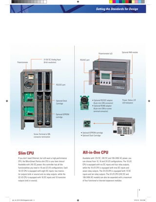 (8-pin mini DIN connector)
(8-pin mini DIN or screw
terminal connector)
Potentiometer
Optional HMI module
0-10V DC Analog Input
(8-bit resolution)
Optional Clock
Cartridge
Screw Terminal or MIL
connector termination
Power, Status, I/O
LED Indicators
If you don’t need Ethernet, but still want a high-performance
CPU, the MicroSmart Pentra slim CPU is your best choice!
16 I/O CPU is equipped with eight DC inputs, two transis-
tor outputs (sink or source) and six relay outputs, while the
outputs (sink or source).
CPU is equipped with six DC inputs and four relay outputs,
while the 16 I/O CPU is equipped with nine DC inputs and
of four functional or discreet expansion modules.
Slim CPU All-in-One CPU
Setting the Standards for Design
Optional EEPROM
cartridge
5
plc_int_031513forSingapore.indd 5 3/15/13 9:40 AM
 