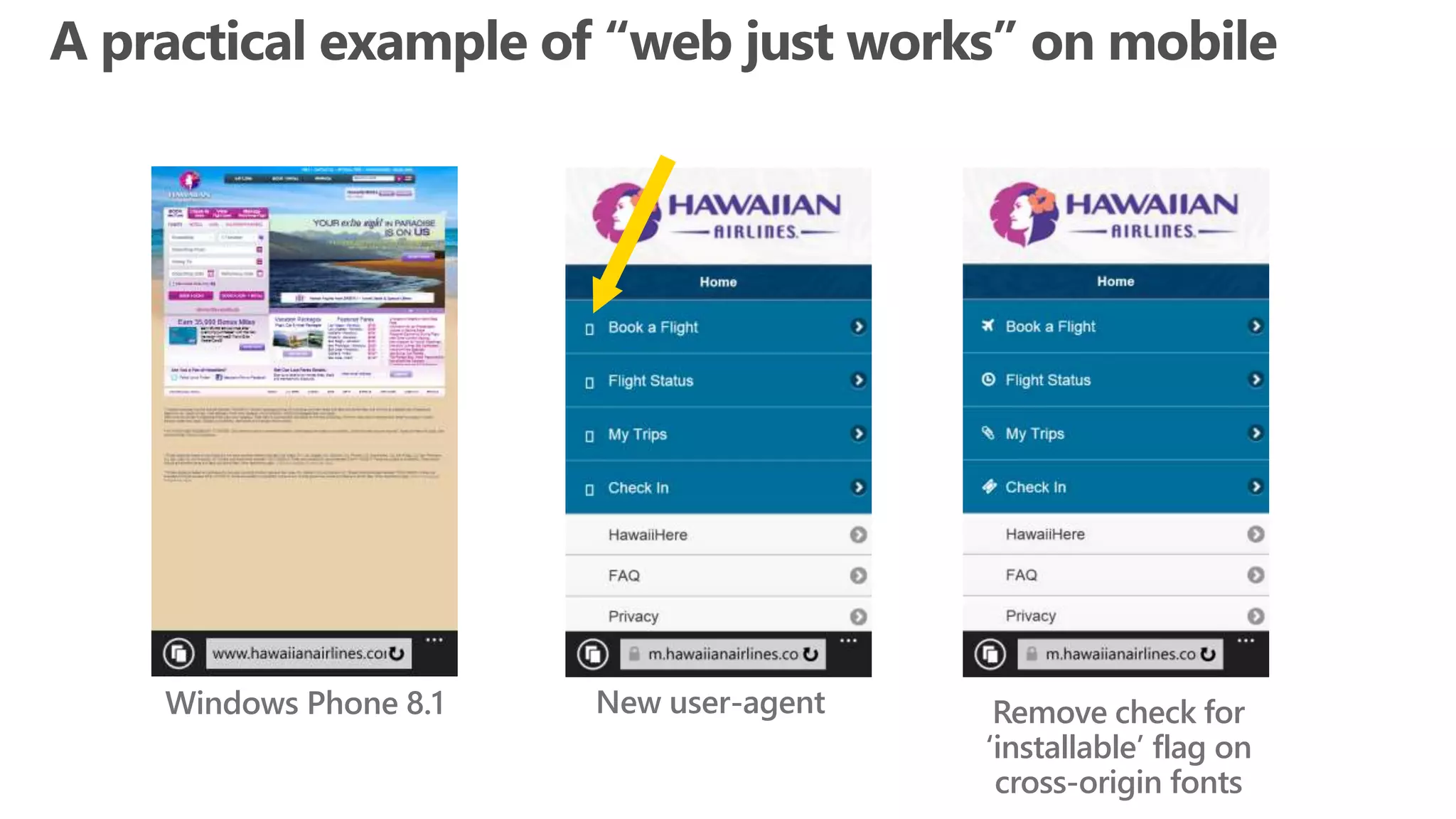 Windows Phone 8.1 New user-agent Remove check for
‘installable’ flag on
cross-origin fonts
 