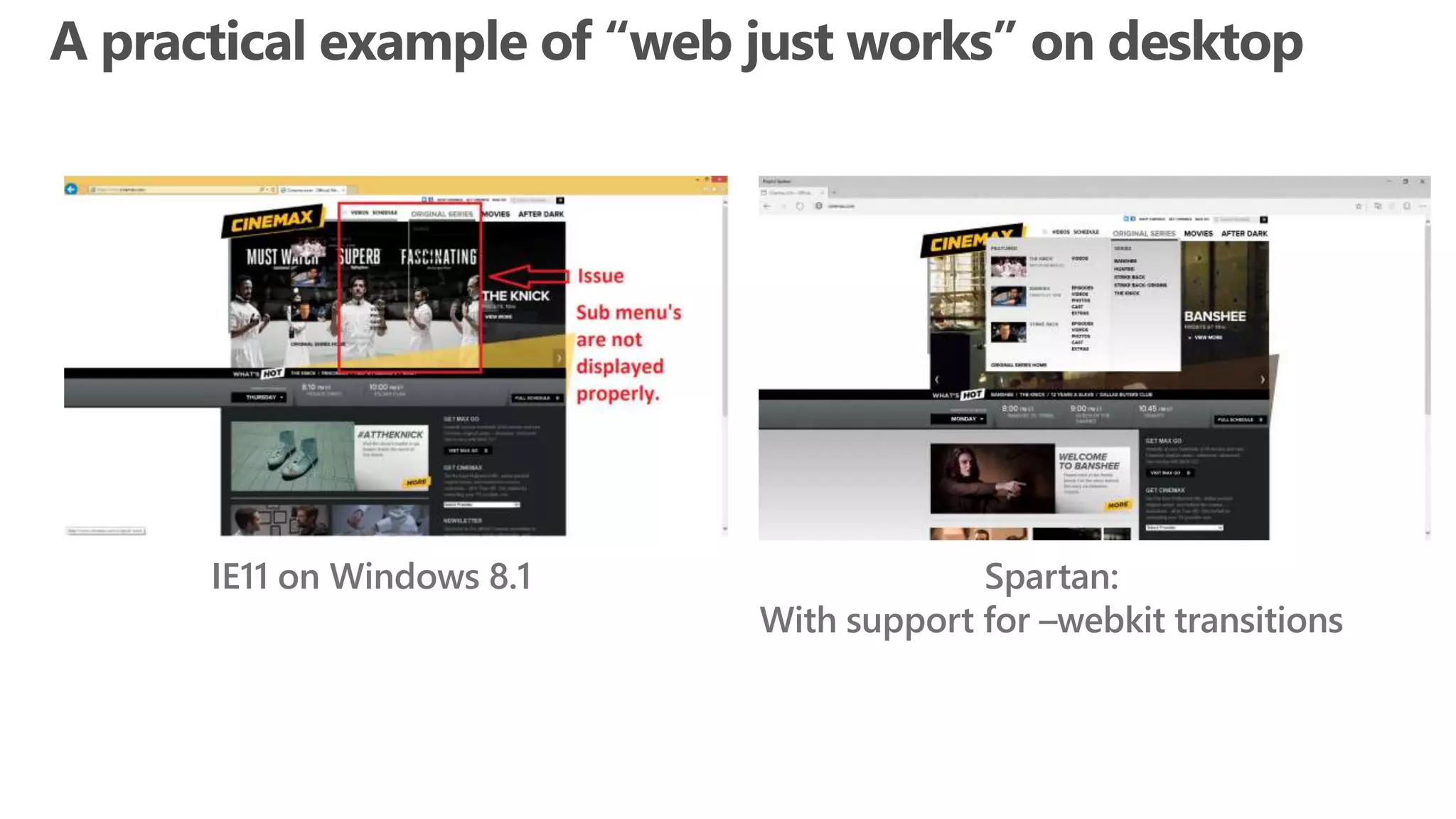 IE11 on Windows 8.1 Spartan:
With support for –webkit transitions
 