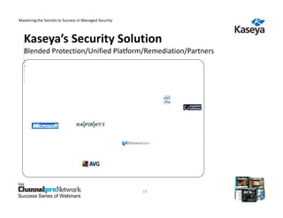 Mastering the Secrets to Success in Managed Security

  3
  r




  Kaseya’s Security Solution
  d
  O
  p
  P
  e
  a
  r
  a
  y
   S
   c
  re
   M
   h
   K
   o
   e
  tA
   a
  tK
   n
   d
    S
    e
    r
    v
     K
     a
     s

     y
    ia
     g

  Blended Protection/Unified Platform/Remediation/Partners
  is
   na
    c
   ie
   u
  ne
   As
  *tE
   ln
  gr
   n
   yA
    e
   in
   o t
  Ss
   an
   td
    D
    yP
   r
   n
  o
  Sit
    e
    ap
   iP
   g
  y-t
  fio
   A
   /s r
   n r
  tc
   n
  st
   M
   g
   &
    k
    -
    Ai
     o
   R
   a
  tV
  wtn
    nh
     c
  a
  ee
   lt
   i&ie
     t
   &
   M e
   M
   m
   w
  rd
  m r
    in
   a
  ee
   aR
    u
    vg
     Ss
  MM
   n u
   d
   ls
   re
    ie
  So
   a r
  Dir
   e
   wpc
   b
   g e
  eao
    u
  Oiu
   e s
  pt
   rs
   lr
   m
  ft
  lii
   e
   e
  fi
   o
  o  t
  in
   n
  yty
  c g
  m
  e
  e
  n
  t




                                                       23
Success Series of Webinars
 