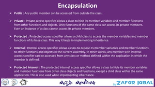 Encapsulation
 Public : Any public member can be accessed from outside the class.
 Private : Private access specifier allows a class to hide its member variables and member functions
from other functions and objects. Only functions of the same class can access its private members.
Even an instance of a class cannot access its private members.
 Protected : Protected access specifier allows a child class to access the member variables and member
functions of its base class. This way it helps in implementing inheritance.
 Internal : Internal access specifier allows a class to expose its member variables and member functions
to other functions and objects in the current assembly. In other words, any member with internal
access specifier can be accessed from any class or method defined within the application in which the
member is defined.
 Protected internal : The protected internal access specifier allows a class to hide its member variables
and member functions from other class objects and functions, except a child class within the same
application. This is also used while implementing inheritance.
 