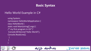 Basic Syntax
Hello World Example in C#
using System;
namespace HelloWorldApplication {
class HelloWorld {
static void Main(string[] args) {
/* my first program in C# */
Console.WriteLine("Hello World");
Console.ReadLine();
}
}
}
 