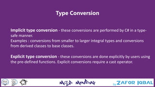 Type Conversion
Implicit type conversion - these conversions are performed by C# in a type-
safe manner.
Examples : conversions from smaller to larger integral types and conversions
from derived classes to base classes.
Explicit type conversion - these conversions are done explicitly by users using
the pre-defined functions. Explicit conversions require a cast operator.
 