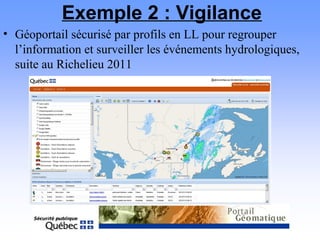 Exemple 2 : Vigilance
• Géoportail sécurisé par profils en LL pour regrouper
l’information et surveiller les événements hydrologiques,
suite au Richelieu 2011
 