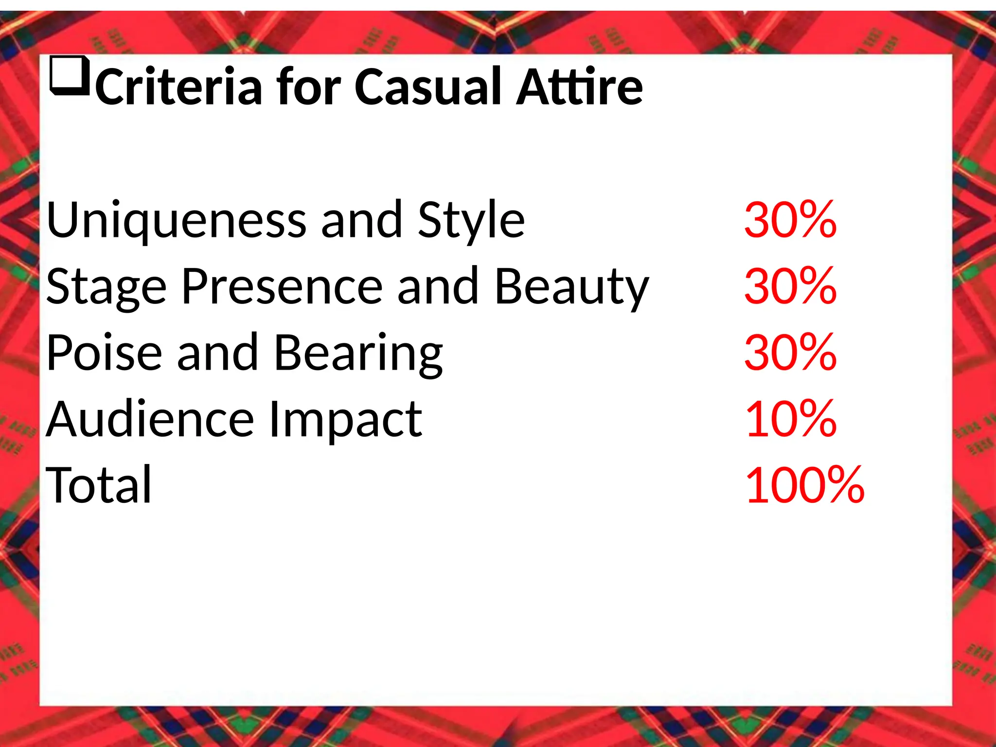 Criteria for Casual Attire
Uniqueness and Style 30%
Stage Presence and Beauty 30%
Poise and Bearing 30%
Audience Impact 10%
Total 100%
 