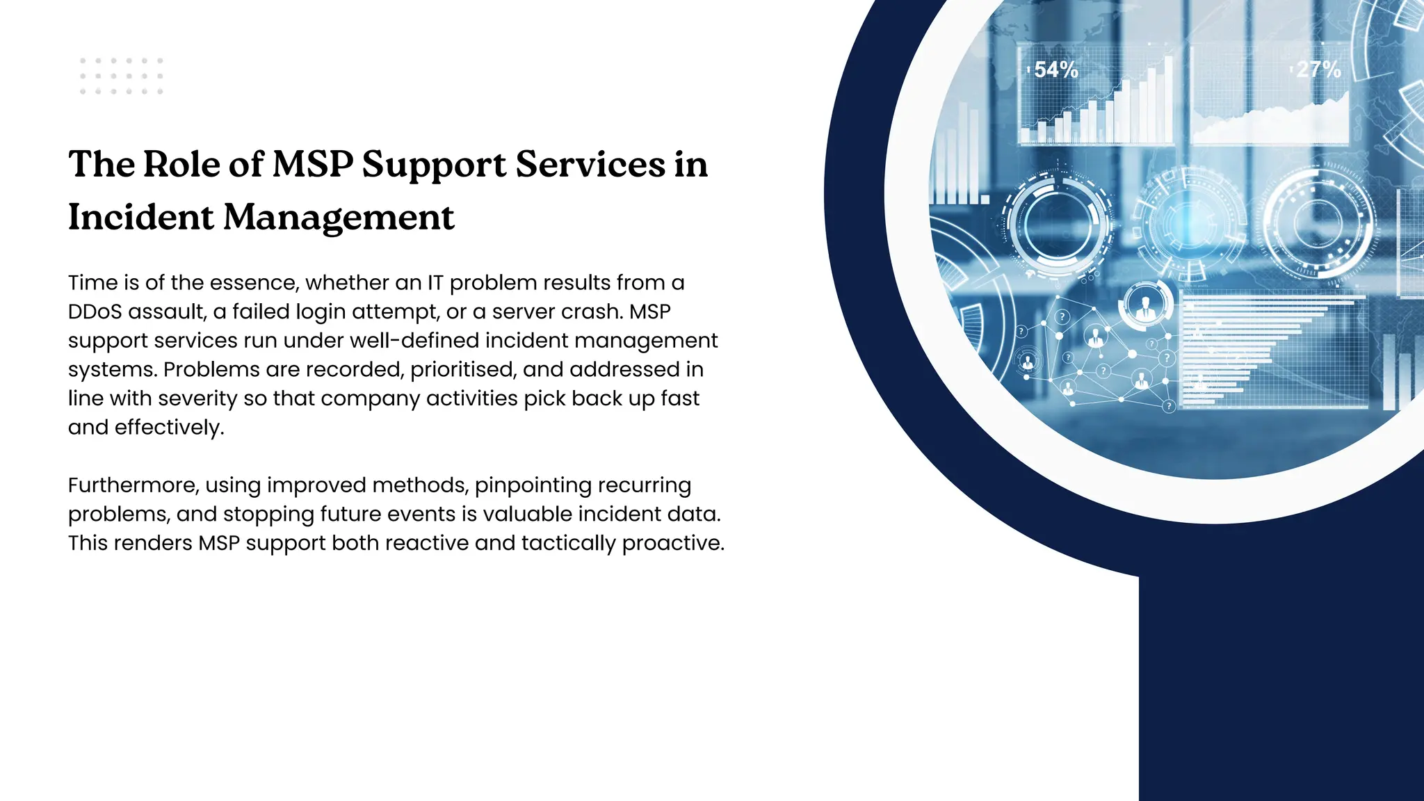 The Role of MSP Support Services in
Incident Management
Time is of the essence, whether an IT problem results from a
DDoS assault, a failed login attempt, or a server crash. MSP
support services run under well-defined incident management
systems. Problems are recorded, prioritised, and addressed in
line with severity so that company activities pick back up fast
and effectively.
Furthermore, using improved methods, pinpointing recurring
problems, and stopping future events is valuable incident data.
This renders MSP support both reactive and tactically proactive.
 