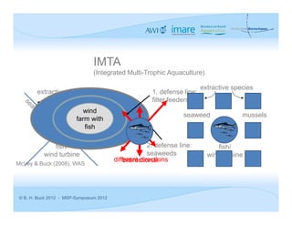 IMTA
                                 (Integrated Multi-Trophic Aquaculture)

                                                                           extractive species
        extractive species                              1. defense line:
                                                        filter feeders
                           wind
                                                                   seaweed               mussels
                         farm with
                            fish

               fish/                                   2. defense line:          fish/
           wind turbine                                seaweeds              wind turbine
                                          different directions
                                              bidirectional
McVey & Buck (2008), WAS




 © B. H. Buck 2012 - MSP-Symposium 2012
 
