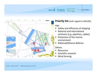 Priority list (with regard to UNCLOS)
                                         High
                                          Safety and efficiency of shipping
                                          National and international 
                                           contracts [e.g. pipelines, cables]
                                          Protection of the marine 
                                           environment
                                          National/Alliance defence
                                         Others
                                          Resources
                                          Scientific research
                                          Wind farming


© B. H. Buck 2012 - MSP-Symposium 2012
 