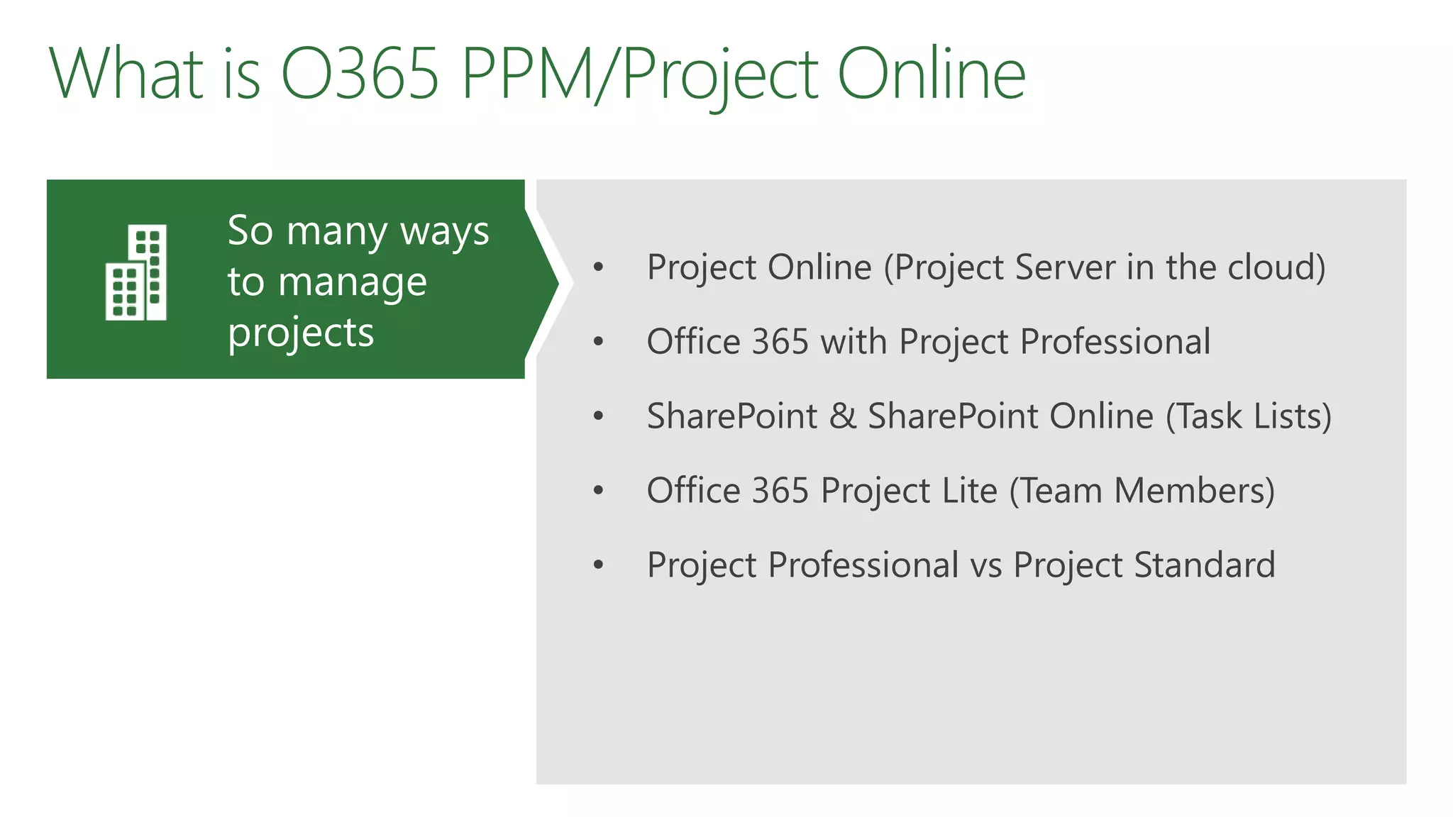 What is O365 PPM/Project Online
• Project Online (Project Server in the cloud)
• Office 365 with Project Professional
• SharePoint & SharePoint Online (Task Lists)
• Office 365 Project Lite (Team Members)
• Project Professional vs Project Standard
So many ways
to manage
projects
 