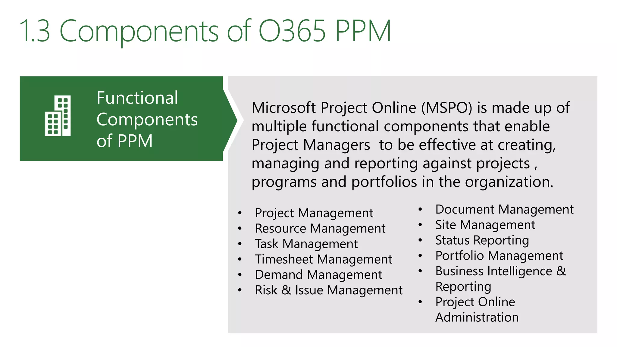 1.3 Components of O365 PPM
Functional
Components
of PPM
Microsoft Project Online (MSPO) is made up of
multiple functional components that enable
Project Managers to be effective at creating,
managing and reporting against projects ,
programs and portfolios in the organization.
• Project Management
• Resource Management
• Task Management
• Timesheet Management
• Demand Management
• Risk & Issue Management
• Document Management
• Site Management
• Status Reporting
• Portfolio Management
• Business Intelligence &
Reporting
• Project Online
Administration
 