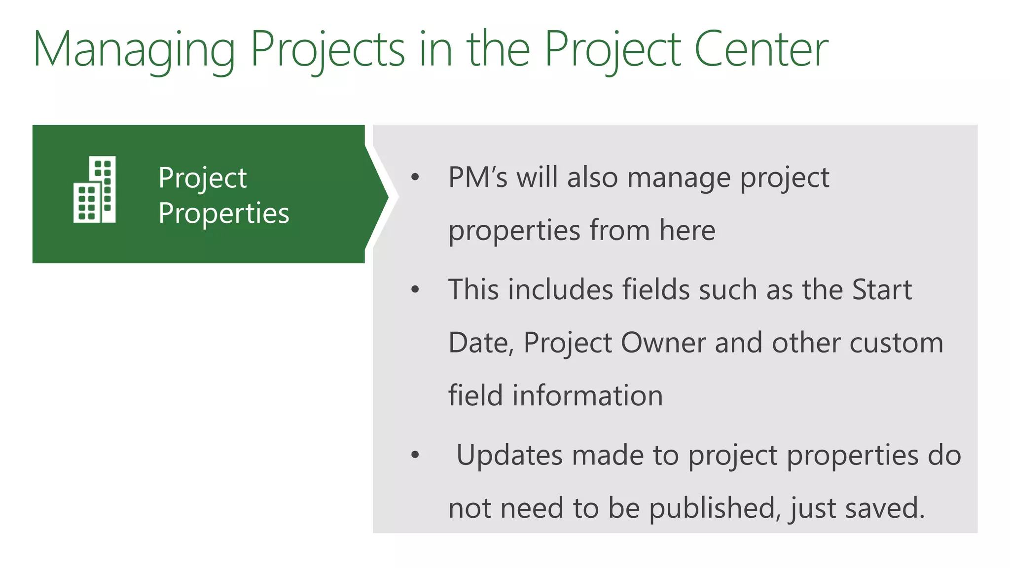 Managing Projects in the Project Center
• PM’s will also manage project
properties from here
• This includes fields such as the Start
Date, Project Owner and other custom
field information
• Updates made to project properties do
not need to be published, just saved.
Project
Properties
 