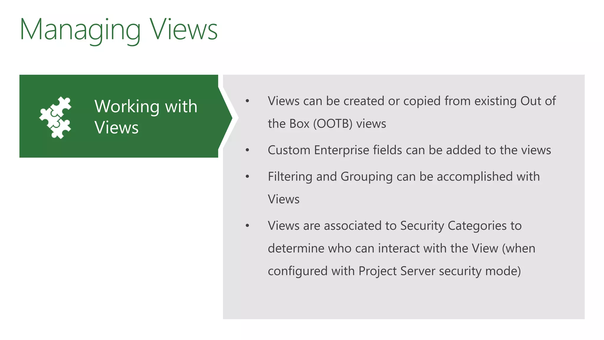 Managing Views
• Views can be created or copied from existing Out of
the Box (OOTB) views
• Custom Enterprise fields can be added to the views
• Filtering and Grouping can be accomplished with
Views
• Views are associated to Security Categories to
determine who can interact with the View (when
configured with Project Server security mode)
Working with
Views
 