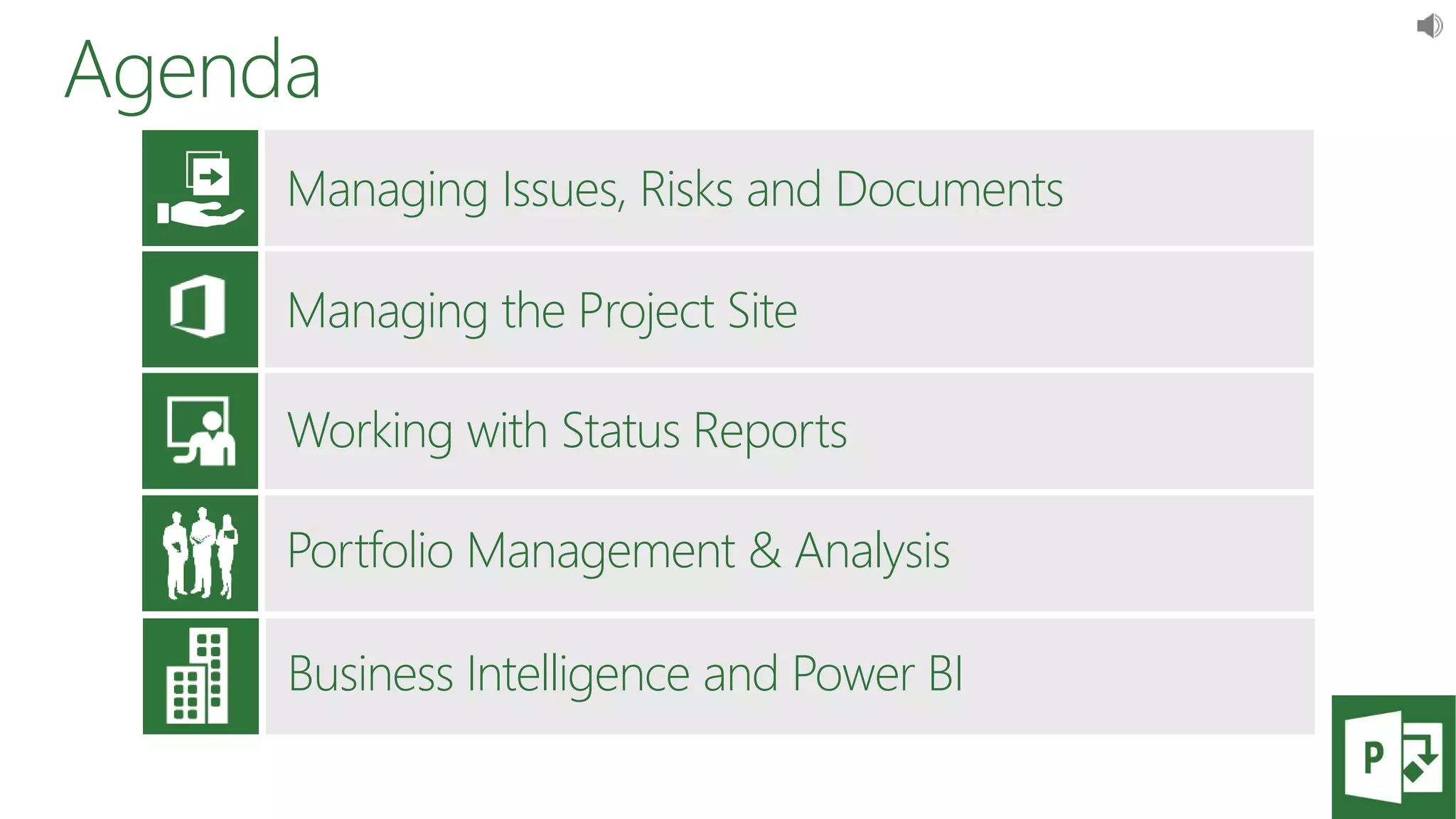 Agenda
Managing Issues, Risks and Documents
Managing the Project Site
Working with Status Reports
Portfolio Management & Analysis
Business Intelligence and Power BI
 