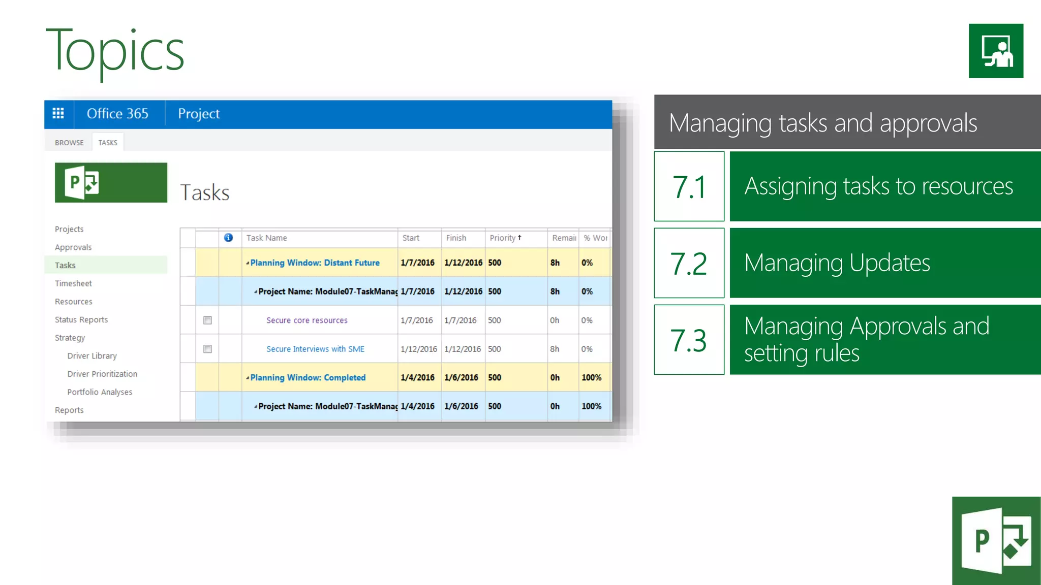 Topics
Managing tasks and approvals
Assigning tasks to resources
Managing Updates
Managing Approvals and
setting rules
 