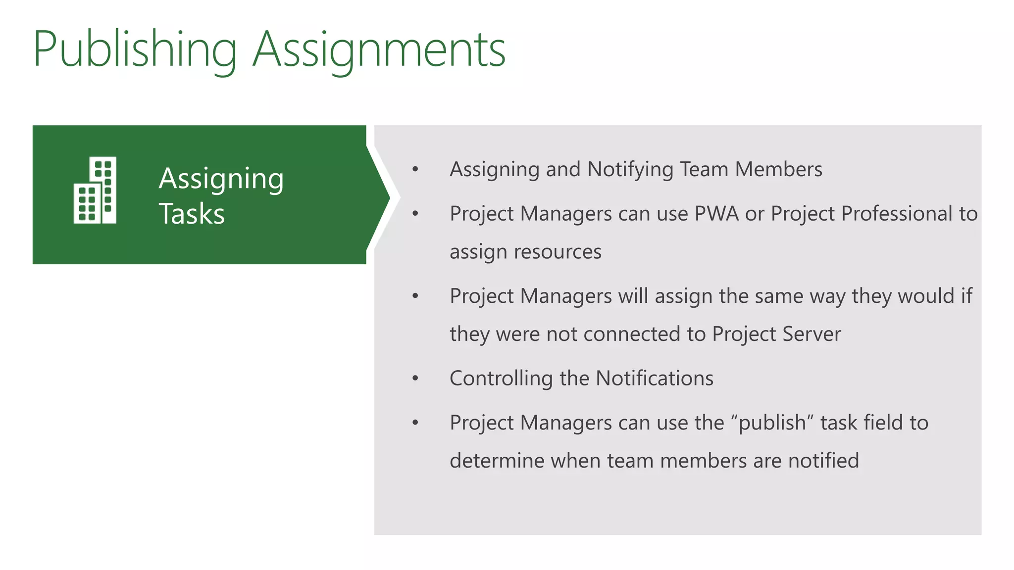 Publishing Assignments
• Assigning and Notifying Team Members
• Project Managers can use PWA or Project Professional to
assign resources
• Project Managers will assign the same way they would if
they were not connected to Project Server
• Controlling the Notifications
• Project Managers can use the “publish” task field to
determine when team members are notified
Assigning
Tasks
 