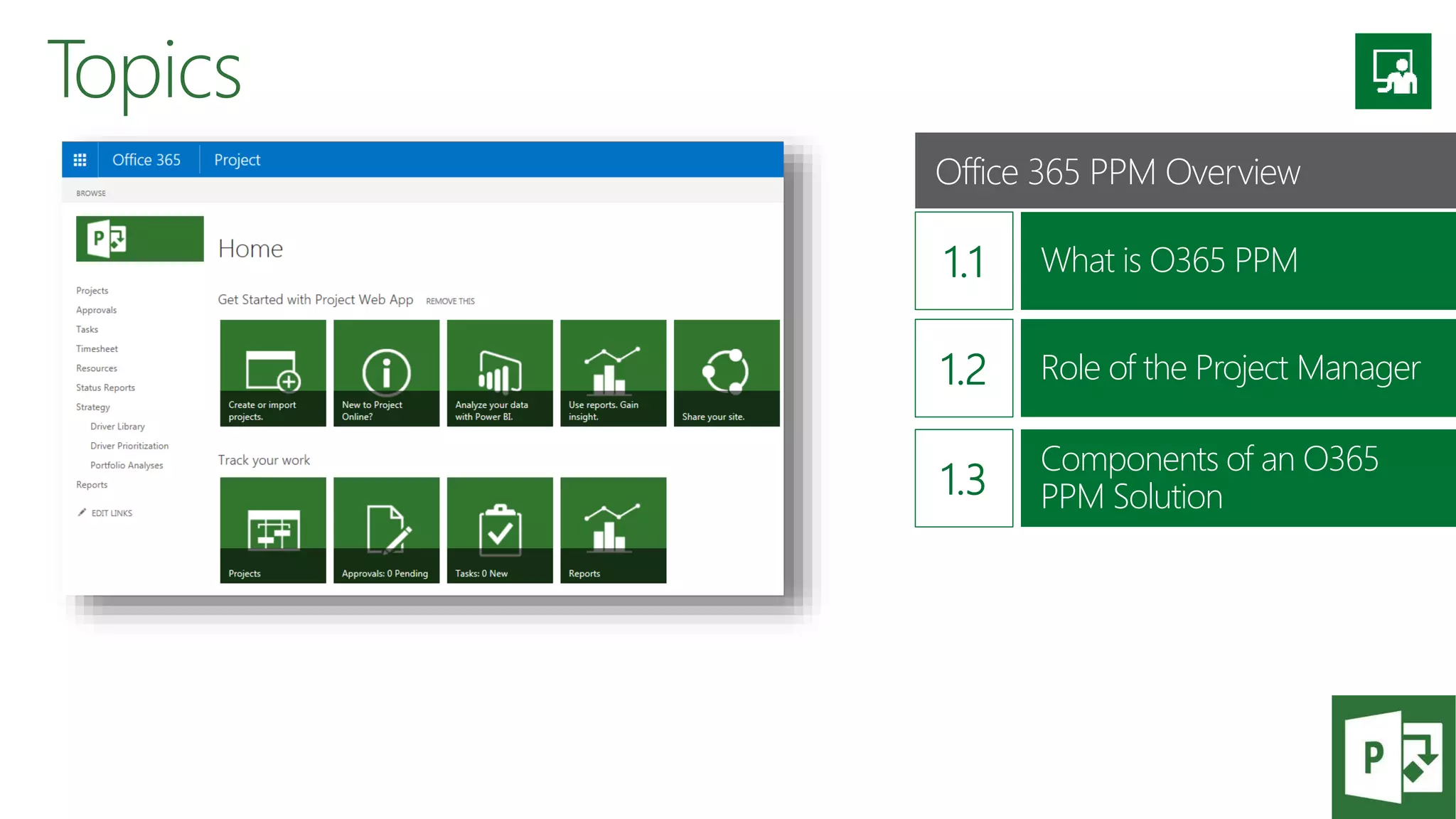 Topics
Components of an O365
PPM Solution
Office 365 PPM Overview
What is O365 PPM
Role of the Project Manager
 