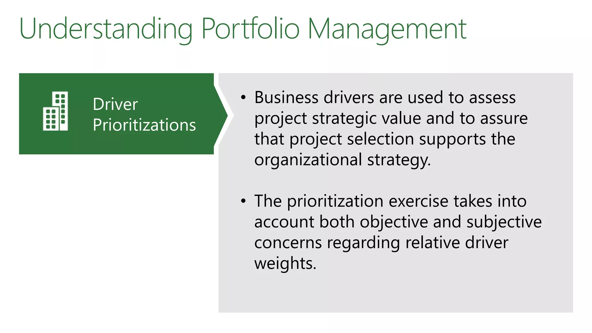 Understanding Portfolio Management
• Business drivers are used to assess
project strategic value and to assure
that project selection supports the
organizational strategy.
• The prioritization exercise takes into
account both objective and subjective
concerns regarding relative driver
weights.
Driver
Prioritizations
 