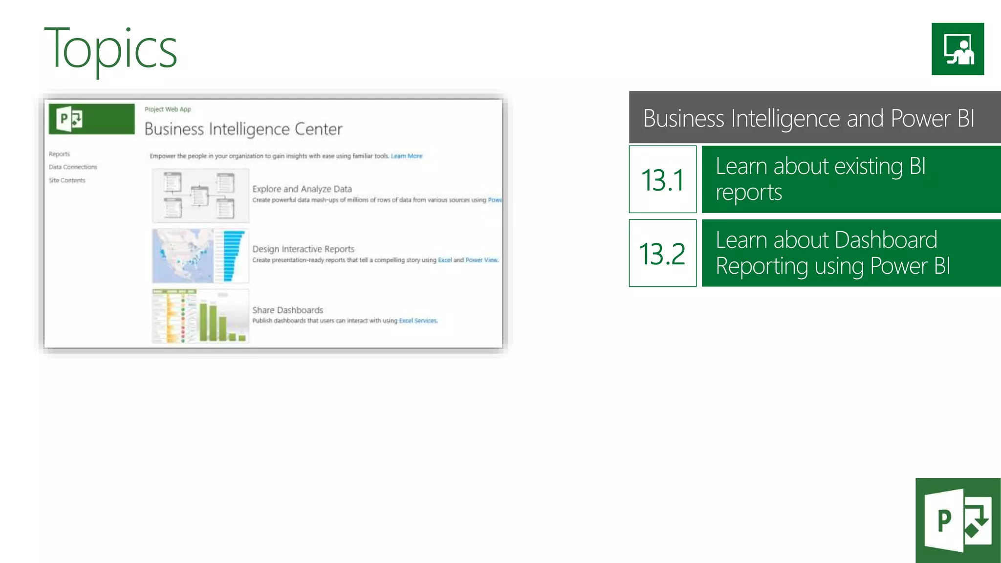 Topics
Business Intelligence and Power BI
Learn about existing BI
reports
Learn about Dashboard
Reporting using Power BI
 