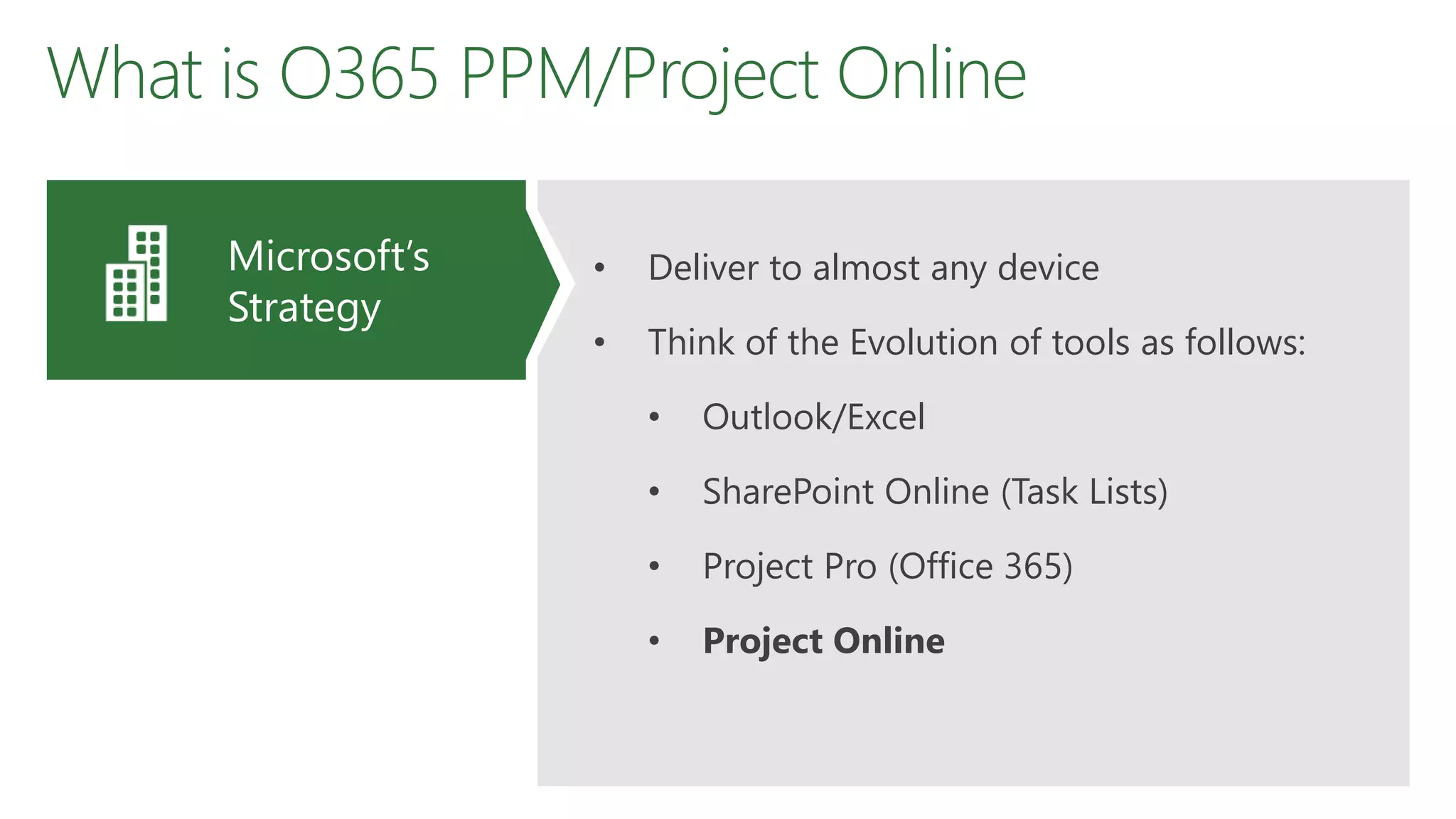 What is O365 PPM/Project Online
• Deliver to almost any device
• Think of the Evolution of tools as follows:
• Outlook/Excel
• SharePoint Online (Task Lists)
• Project Pro (Office 365)
• Project Online
Microsoft’s
Strategy
 