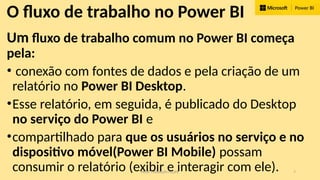 PROF. FRANKLIN FELIPE 7
O fluxo de trabalho no Power BI
Um fluxo de trabalho comum no Power BI começa
pela:
• conexão com fontes de dados e pela criação de um
relatório no Power BI Desktop.
•Esse relatório, em seguida, é publicado do Desktop
no serviço do Power BI e
•compartilhado para que os usuários no serviço e no
dispositivo móvel(Power BI Mobile) possam
consumir o relatório (exibir e interagir com ele).
 