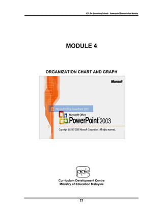 ICTL for Secondary School - Powerpoint Presentation Module




         MODULE 4



ORGANIZATION CHART AND GRAPH




    Curriculum Development Centre
     Ministry of Education Malaysia




                  23
 