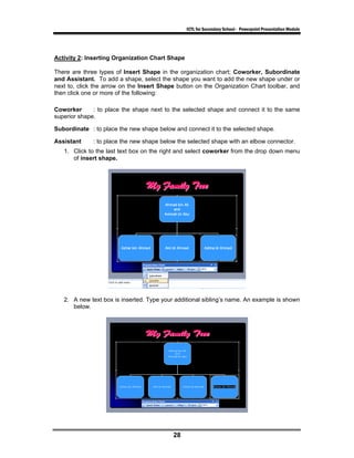 ICTL for Secondary School - Powerpoint Presentation Module




Activity 2: Inserting Organization Chart Shape

There are three types of Insert Shape in the organization chart; Coworker, Subordinate
and Assistant. To add a shape, select the shape you want to add the new shape under or
next to, click the arrow on the Insert Shape button on the Organization Chart toolbar, and
then click one or more of the following:

Coworker      : to place the shape next to the selected shape and connect it to the same
superior shape.

Subordinate : to place the new shape below and connect it to the selected shape.

Assistant     : to place the new shape below the selected shape with an elbow connector.
   1. Click to the last text box on the right and select coworker from the drop down menu
      of insert shape.




   2. A new text box is inserted. Type your additional sibling’s name. An example is shown
      below.




                                           28
 
