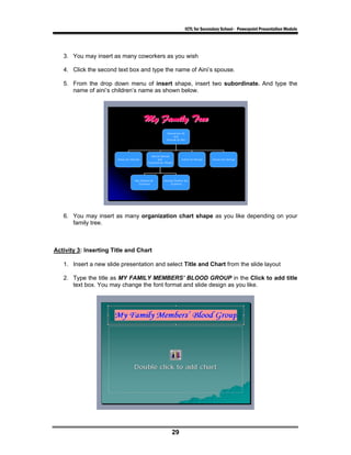 ICTL for Secondary School - Powerpoint Presentation Module




   3. You may insert as many coworkers as you wish

   4. Click the second text box and type the name of Aini’s spouse.

   5. From the drop down menu of insert shape, insert two subordinate. And type the
      name of aini’s children’s name as shown below.




   6. You may insert as many organization chart shape as you like depending on your
      family tree.



Activity 3: Inserting Title and Chart

   1. Insert a new slide presentation and select Title and Chart from the slide layout

   2. Type the title as MY FAMILY MEMBERS’ BLOOD GROUP in the Click to add title
      text box. You may change the font format and slide design as you like.




                                            29
 