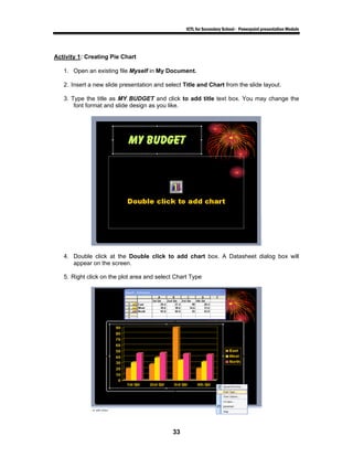 ICTL for Secondary School - Powerpoint presentation Module




Activity 1: Creating Pie Chart

   1. Open an existing file Myself in My Document.

   2. Insert a new slide presentation and select Title and Chart from the slide layout.

   3. Type the title as MY BUDGET and click to add title text box. You may change the
       font format and slide design as you like.




   4. Double click at the Double click to add chart box. A Datasheet dialog box will
      appear on the screen.

   5. Right click on the plot area and select Chart Type




                                             33
 