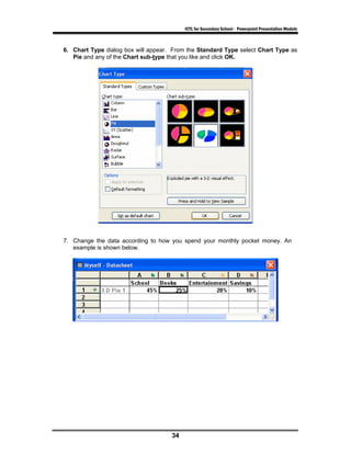 ICTL for Secondary School - Powerpoint Presentation Module



6. Chart Type dialog box will appear. From the Standard Type select Chart Type as
   Pie and any of the Chart sub-type that you like and click OK.




7. Change the data according to how you spend your monthly pocket money. An
   example is shown below.




                                     34
 