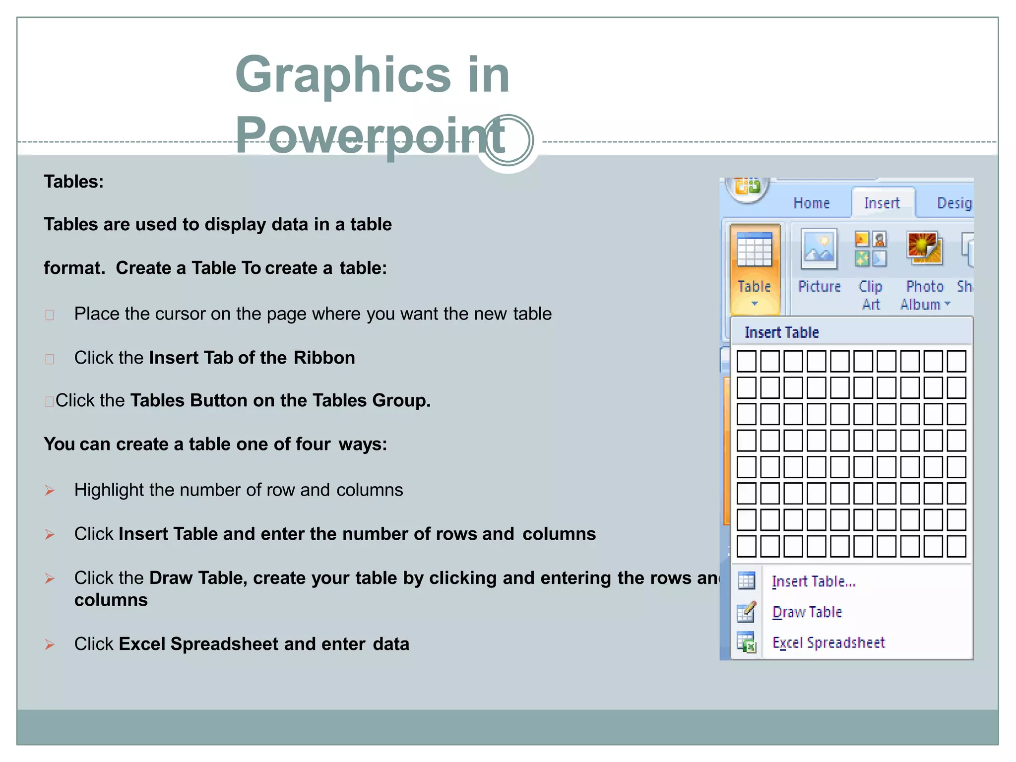 Graphics in
Powerpoint
Tables:
Tables are used to display data in a table
format. Create a Table To create a table:
Place the cursor on the page where you want the new table
Click the Insert Tab of the Ribbon
Click the Tables Button on the Tables Group.
You can create a table one of four ways:
 Highlight the number of row and columns
 Click Insert Table and enter the number of rows and columns
 Click the Draw Table, create your table by clicking and entering the rows and
columns
 Click Excel Spreadsheet and enter data
 
