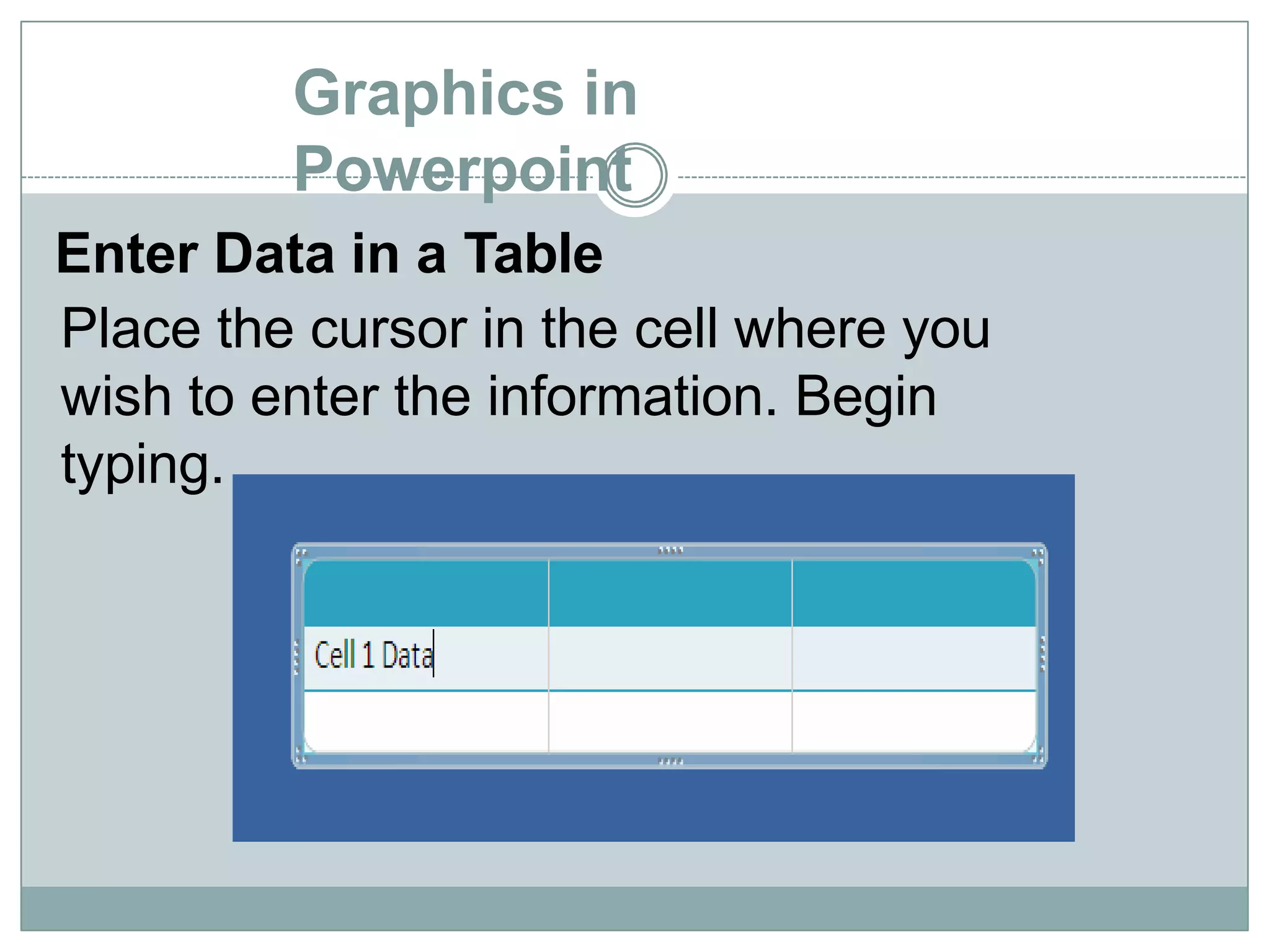 Graphics in
Powerpoint
Enter Data in a Table
Place the cursor in the cell where you
wish to enter the information. Begin
typing.
 