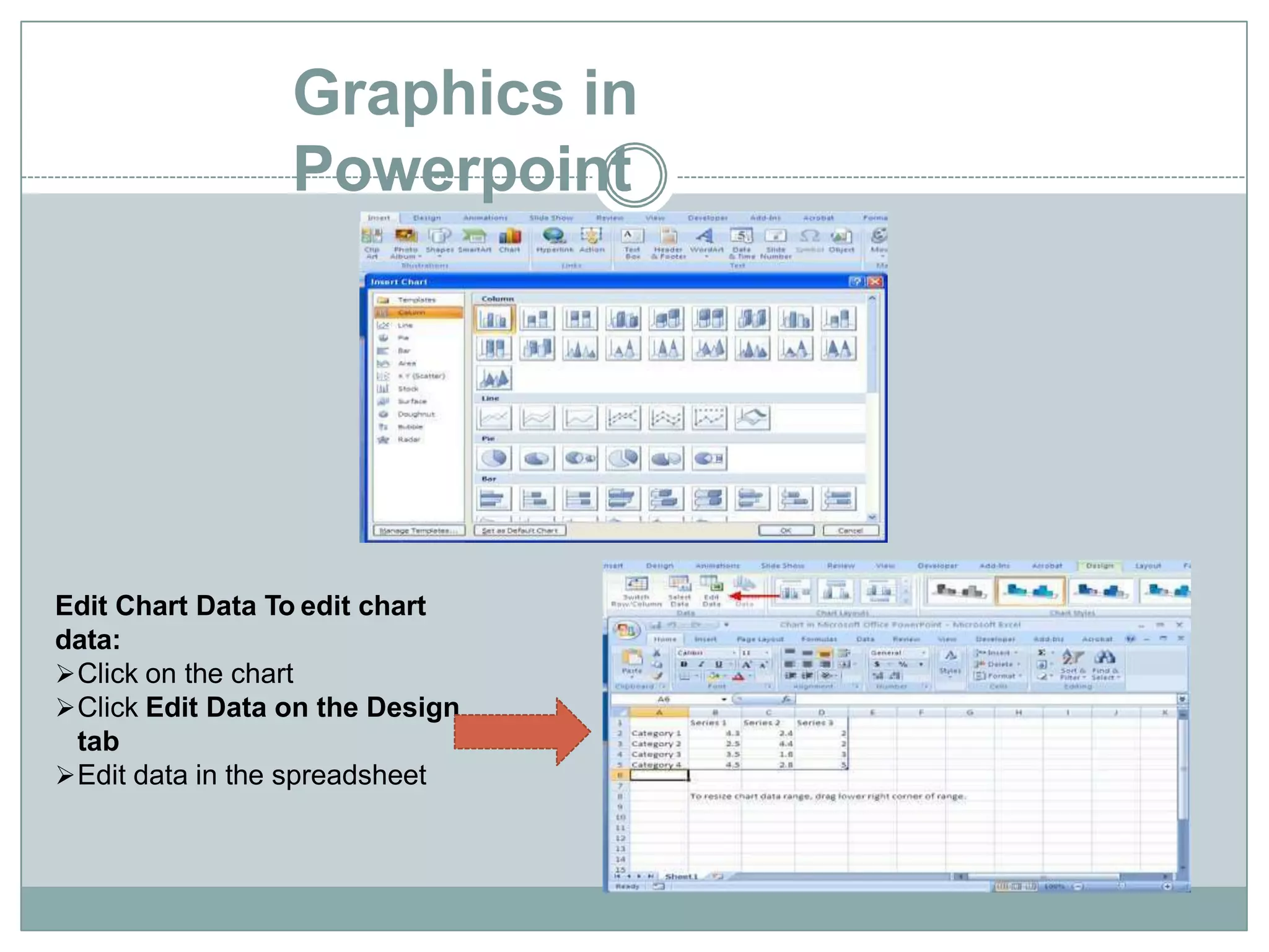 Graphics in
Powerpoint
Edit Chart Data To edit chart
data:
Click on the chart
Click Edit Data on the Design
tab
Edit data in the spreadsheet
 