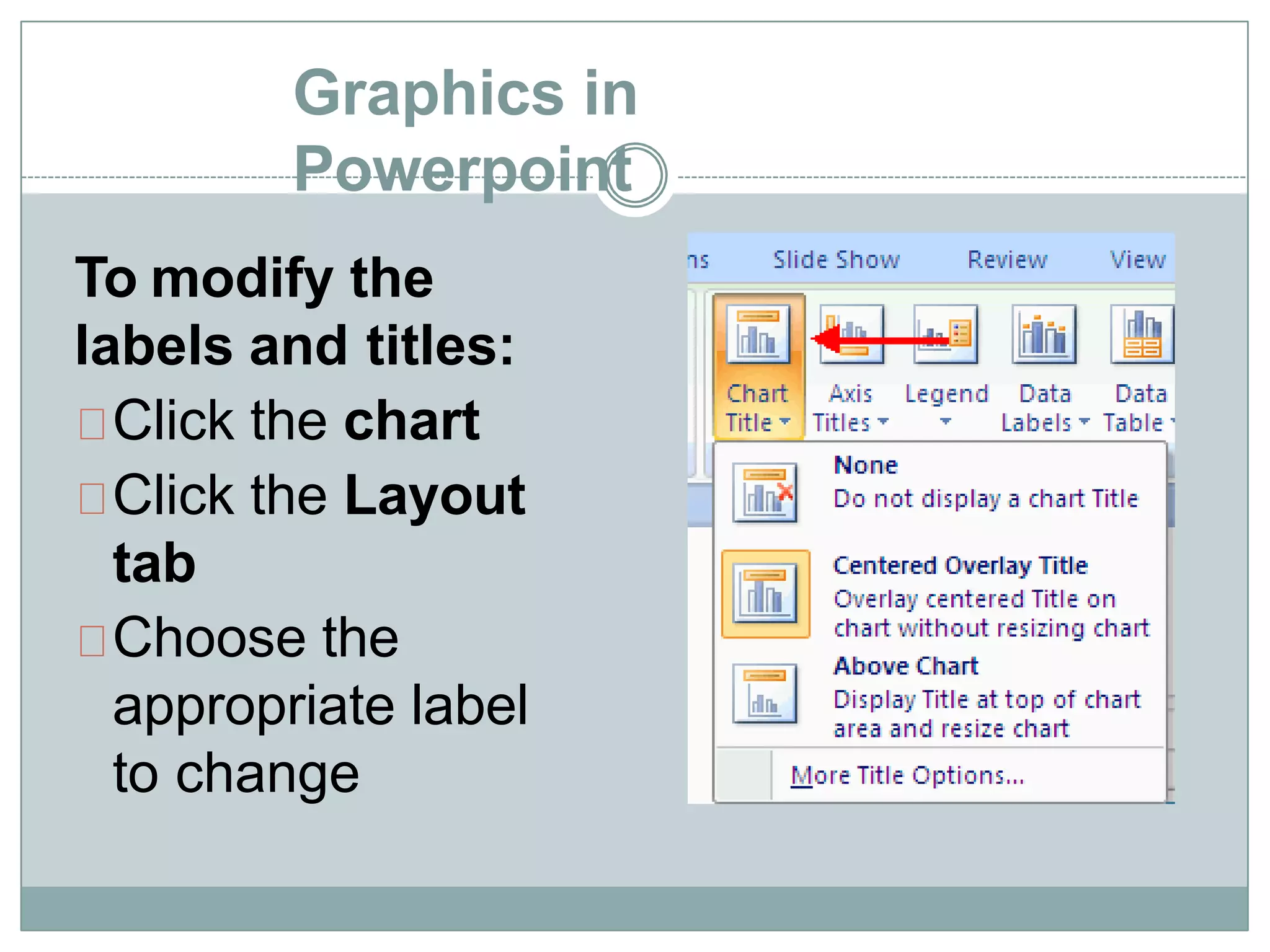 Graphics in
Powerpoint
To modify the
labels and titles:
Click the chart
Click the Layout
tab
Choose the
appropriate label
to change
 