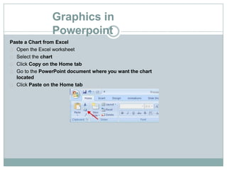 Graphics in
Powerpoint
Paste a Chart from Excel
Open the Excel worksheet
Select the chart
Click Copy on the Home tab
Go to the PowerPoint document where you want the chart
located
Click Paste on the Home tab
 