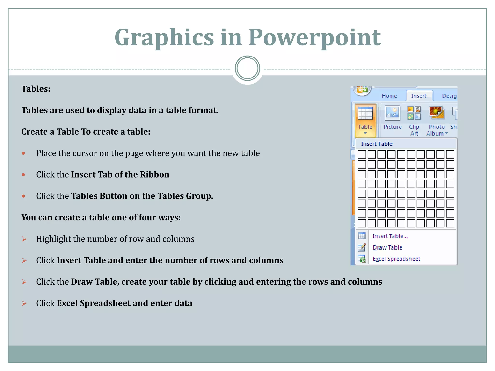 Graphics in Powerpoint
Tables:

Tables are used to display data in a table format.

Create a Table To create a table:

   Place the cursor on the page where you want the new table

   Click the Insert Tab of the Ribbon

   Click the Tables Button on the Tables Group.

You can create a table one of four ways:

   Highlight the number of row and columns

   Click Insert Table and enter the number of rows and columns

   Click the Draw Table, create your table by clicking and entering the rows and columns

   Click Excel Spreadsheet and enter data
 