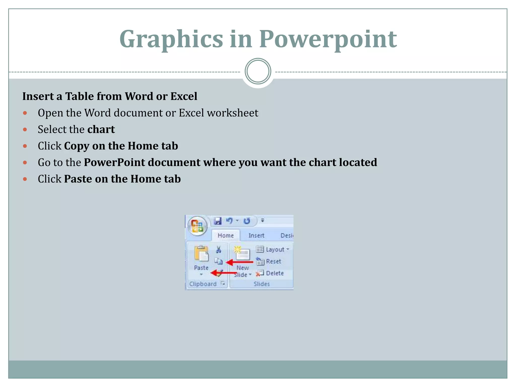 Graphics in Powerpoint

Insert a Table from Word or Excel
 Open the Word document or Excel worksheet
 Select the chart
 Click Copy on the Home tab
 Go to the PowerPoint document where you want the chart located
 Click Paste on the Home tab
 