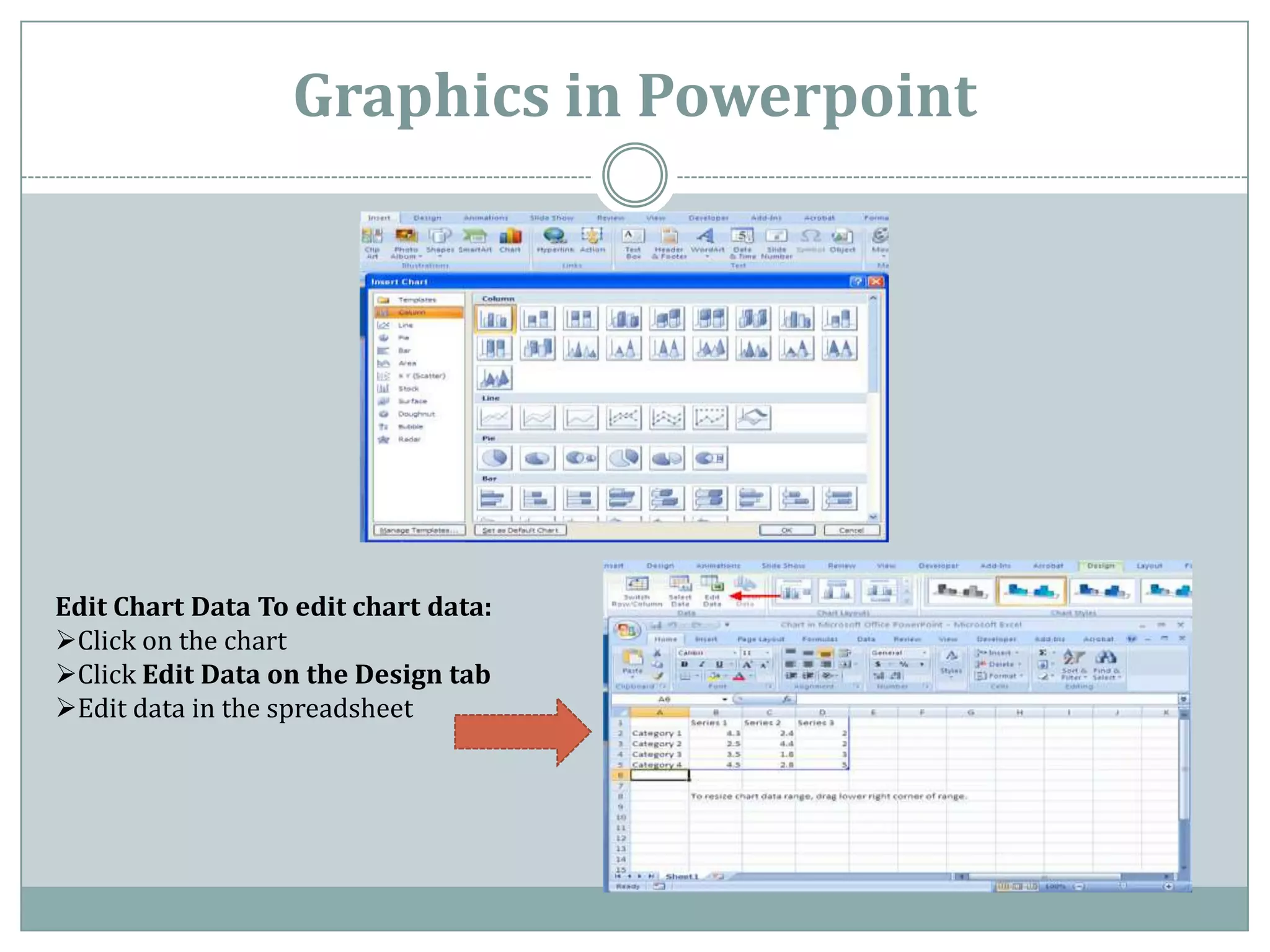 Graphics in Powerpoint




Edit Chart Data To edit chart data:
Click on the chart
Click Edit Data on the Design tab
Edit data in the spreadsheet
 