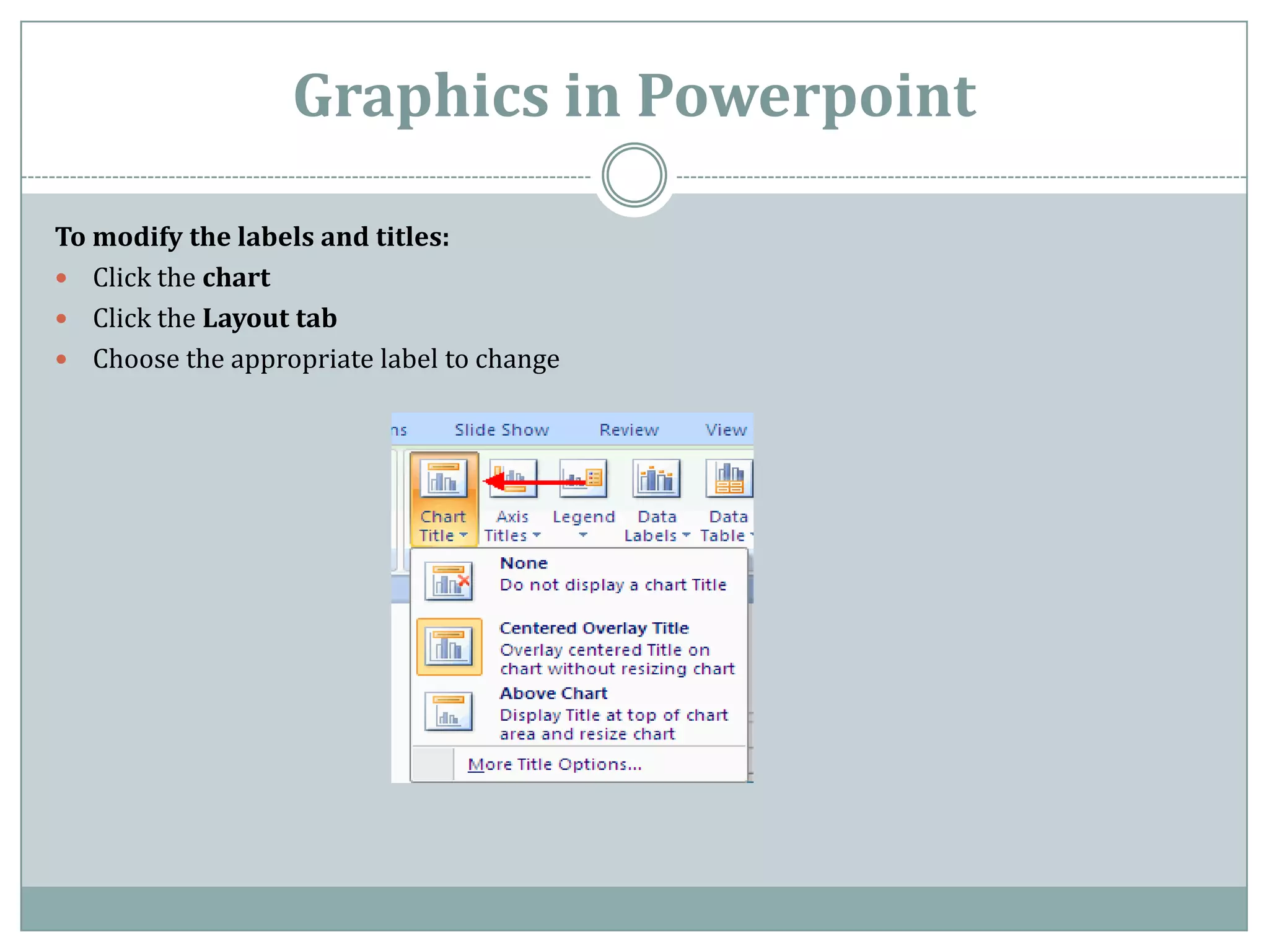 Graphics in Powerpoint

To modify the labels and titles:
 Click the chart
 Click the Layout tab
 Choose the appropriate label to change
 