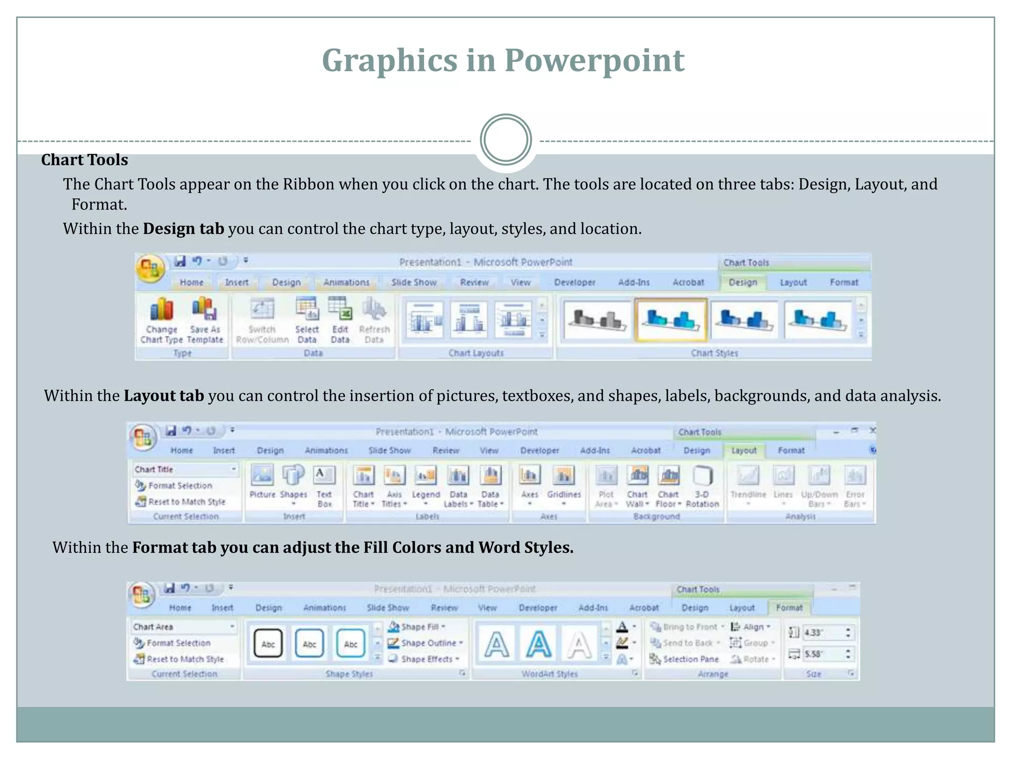 Graphics in Powerpoint

Chart Tools
  The Chart Tools appear on the Ribbon when you click on the chart. The tools are located on three tabs: Design, Layout, and
   Format.
  Within the Design tab you can control the chart type, layout, styles, and location.




Within the Layout tab you can control the insertion of pictures, textboxes, and shapes, labels, backgrounds, and data analysis.




 Within the Format tab you can adjust the Fill Colors and Word Styles.
 