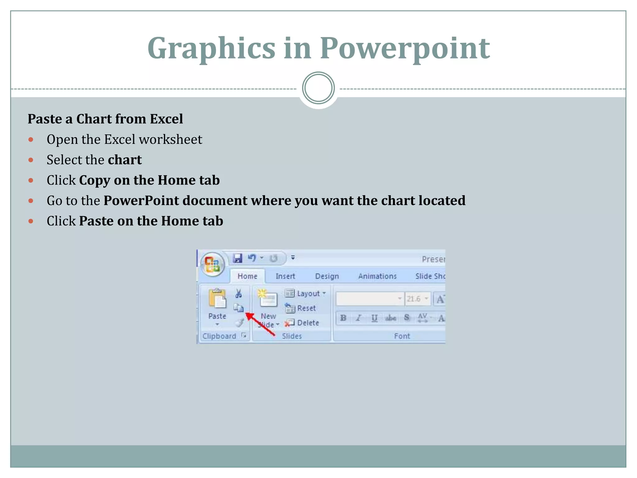 Graphics in Powerpoint

Paste a Chart from Excel
 Open the Excel worksheet
 Select the chart
 Click Copy on the Home tab
 Go to the PowerPoint document where you want the chart located
 Click Paste on the Home tab
 
