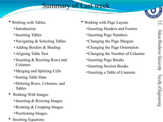 Summary of Last week
 Working with Tables.
•Introduction
•Inserting Tables
•Navigating & Selecting Tables
•Adding Borders & Shading
•Aligning Table Text
•Inserting & Resizing Rows and
Columns
•Merging and Splitting Cells
•Sorting Table Data
•Deleting Rows, Columns, and
Tables
 Working With Images
•Inserting & Resizing Images
•Rotating & Cropping Images
•Positioning Images.
 Inserting Equations
 Working with Page Layout.
•Inserting Headers and Footers
•Inserting Page Numbers
•Changing the Page Margins
•Changing the Page Orientation
•Changing the Number of Columns
•Inserting Page Breaks
•Inserting Section Breaks
•Inserting a Table of Contents
 