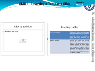 Skill 6 - Inserting a Table to a Slide
Objective
Method
 