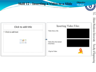 Skill 12 - Inserting a Video to a Slide
Objective
Method
 