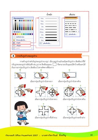 น้าหนัก เส้นประ
การสร้างรูปร่างสาเร็จรูปของรูปร่างบางรูป เมื่อวาดรูปร่างแล้วจะมีจุดปรับรูปร่าง (สีเหลือง) ที่ใช้
ปรับรูปทรงของรูปร่างอัตโนมัติ เช่น รูปวาด สี่เหลี่ยมมุมมน ซึ่งสามารถปรับมุมมนให้กว้างหรือแคบได้
ด้วยการลากปุ่มปรับรูปร่าง (สีเหลือง) ไปตามทิศทางที่ต้องการ
เมื่อลากปุ่มปรับรูปร่างไปทางขวา เมื่อลากปุ่มปรับรูปร่างไปทางซ้าย
เมื่อลากปุ่มปรับรูปร่างไปทางขวา เมื่อลากปุ่มปรับรูปร่างไปทางซ้าย
เมื่อลากปุ่มปรับรูปร่างขึ้นข้างบน เมื่อลาดปุ่มปรับรูปร่างลงข้างล่าง
การปรับรูปร่างของรูปร่าง
44Microsoft Office PowerPoint 2007 : นางสาววิลาวัณย์ อึ่งขวัญ
 