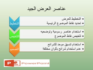 ‫الجيد‬ ‫العرض‬ ‫عناصر‬
‫التخطي‬‫ط‬
•‫للعرض‬ ‫التخطيط‬
•‫الرئيسية‬ ‫الموضوع‬ ‫نقاط‬ ‫تحديد‬
‫التلخي‬‫ص‬
•‫وتوضحيه‬ ‫رسومية‬ ‫عناصر‬ ‫استخدام‬
•‫الموضوع‬ ‫نقاط‬ ‫تلخيص‬
‫التصمي‬‫م‬
•‫للشرائح‬ ‫موحد‬ ‫تنسيق‬ ‫استخدام‬
•‫مختلفة‬ ‫بألوان‬ ‫شرائح‬ ‫استخدام‬ ‫عدم‬
 